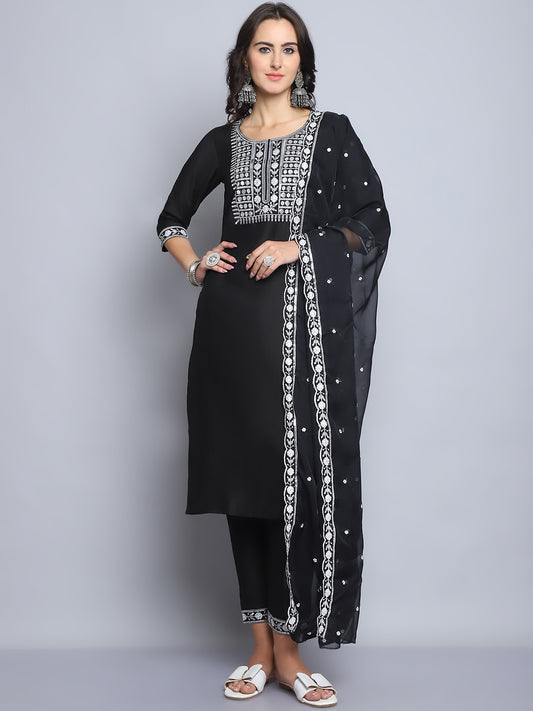 Ethnic Set Women Embroidery Straight Kurta and Pant set with Dupatta - Ethnic Set