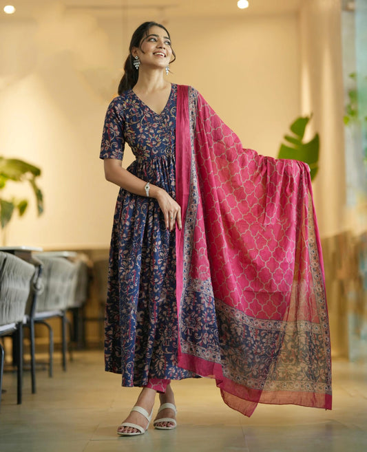 Ethnic Set Women Floral Anarkali Printed  Kurta and Pant Set With Dupatta