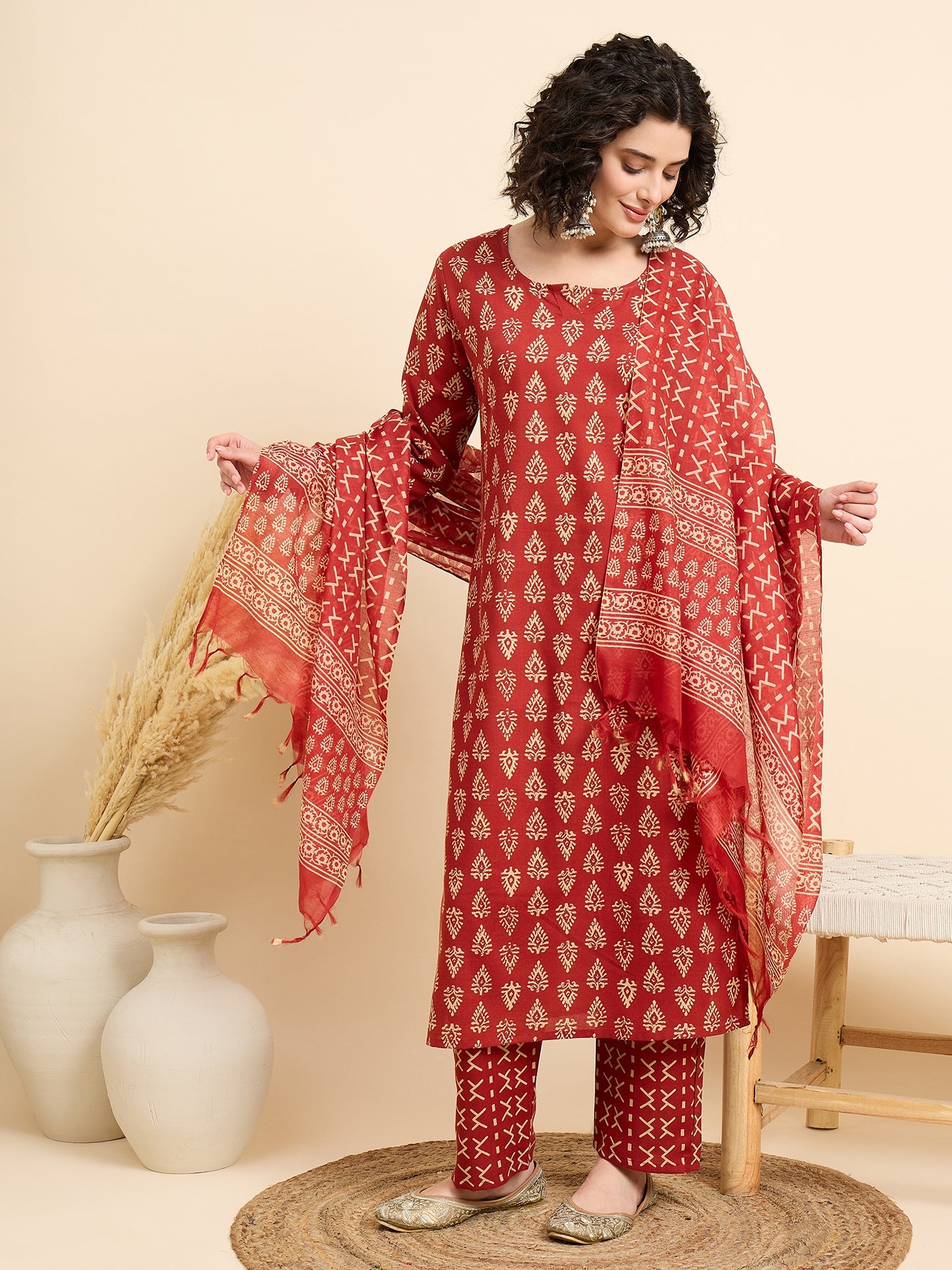 Ethnic Set Women Printed Straight Red Kurta And Pant Set With Dupatta