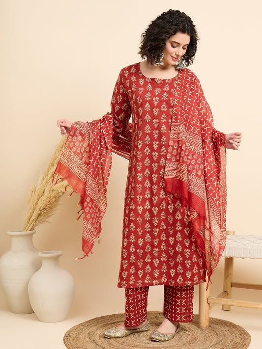 Ethnic Set Women Printed Straight Red Kurta And Pant Set With Dupatta
