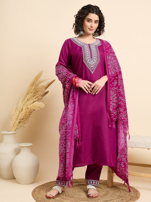 Ethnic Set Women Embroidered Pink Kurta And Pant Set With Dupatta