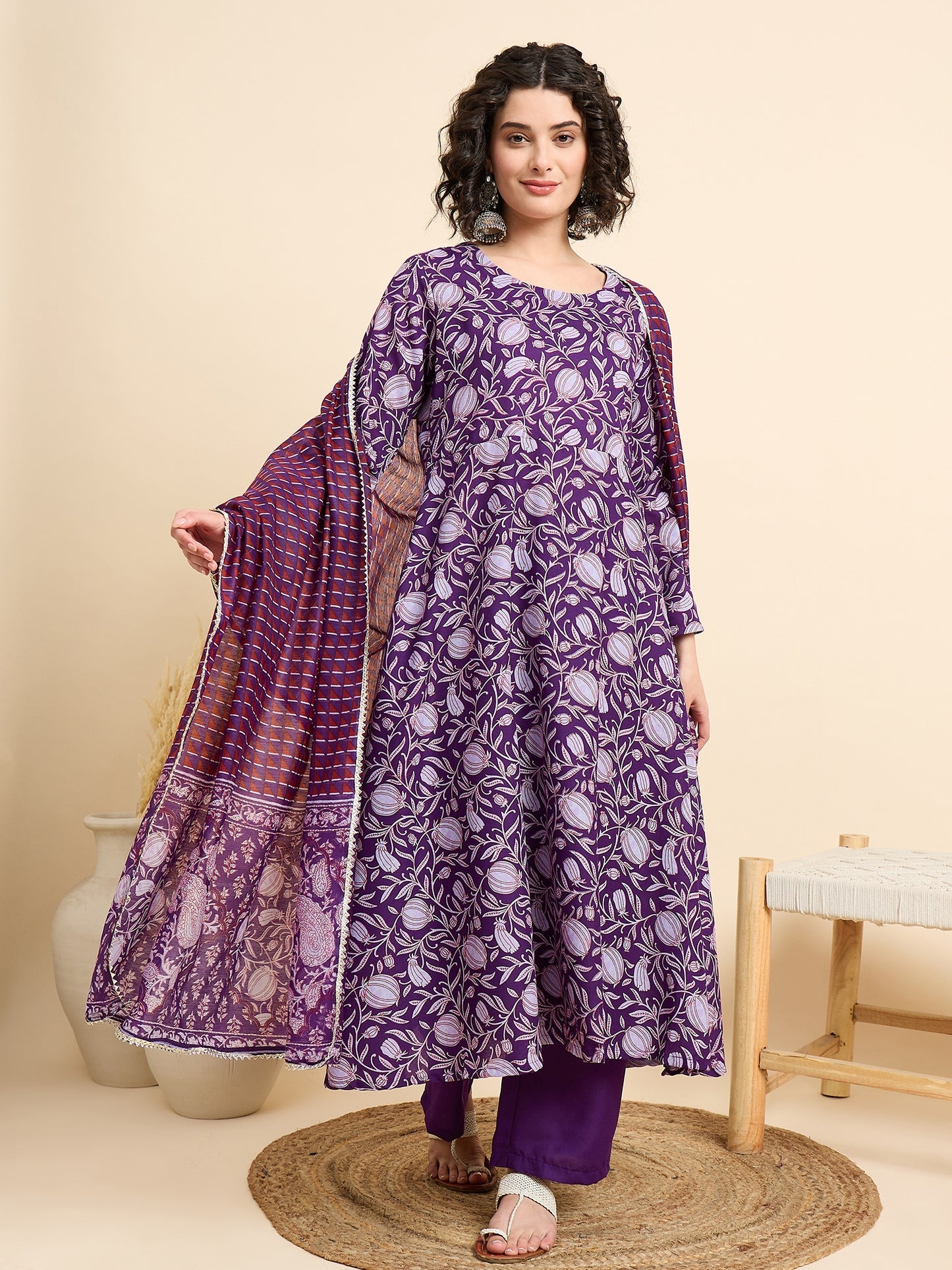 Ethnic Set Women Printed Anarkali Kurta And Pant Set With Dupatta