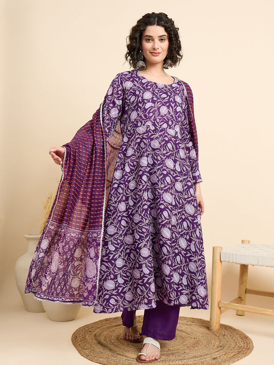Ethnic Set Women Printed Anarkali Kurta And Pant Set With Dupatta