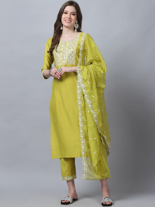 Ethnic Set Women Embroidery Straight Kurta and Pant set with Dupatta - Ethnic Set