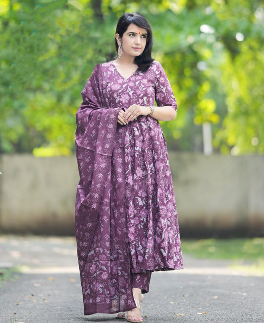 Ethnic Set Women Printed A-Line Kurta and Pant Set With Dupatta