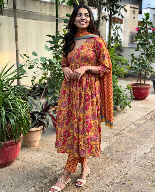 Ethnic Set Women Floral Printed Anarkali Yellow Kurta And Pant Set With Dupatta
