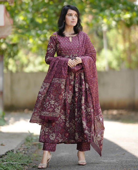Ethnic Set Women Anarkali Printed Maroon Kurta and Pant Set With Dupatta