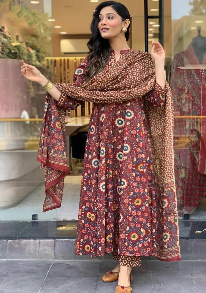 Ethnic Set Women Printed A-Line Kurta and Pant Set With Dupatta