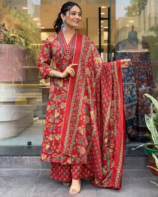 Ethnic Set Women Printed A-Line Red Kurta and Pant Set With Dupatta