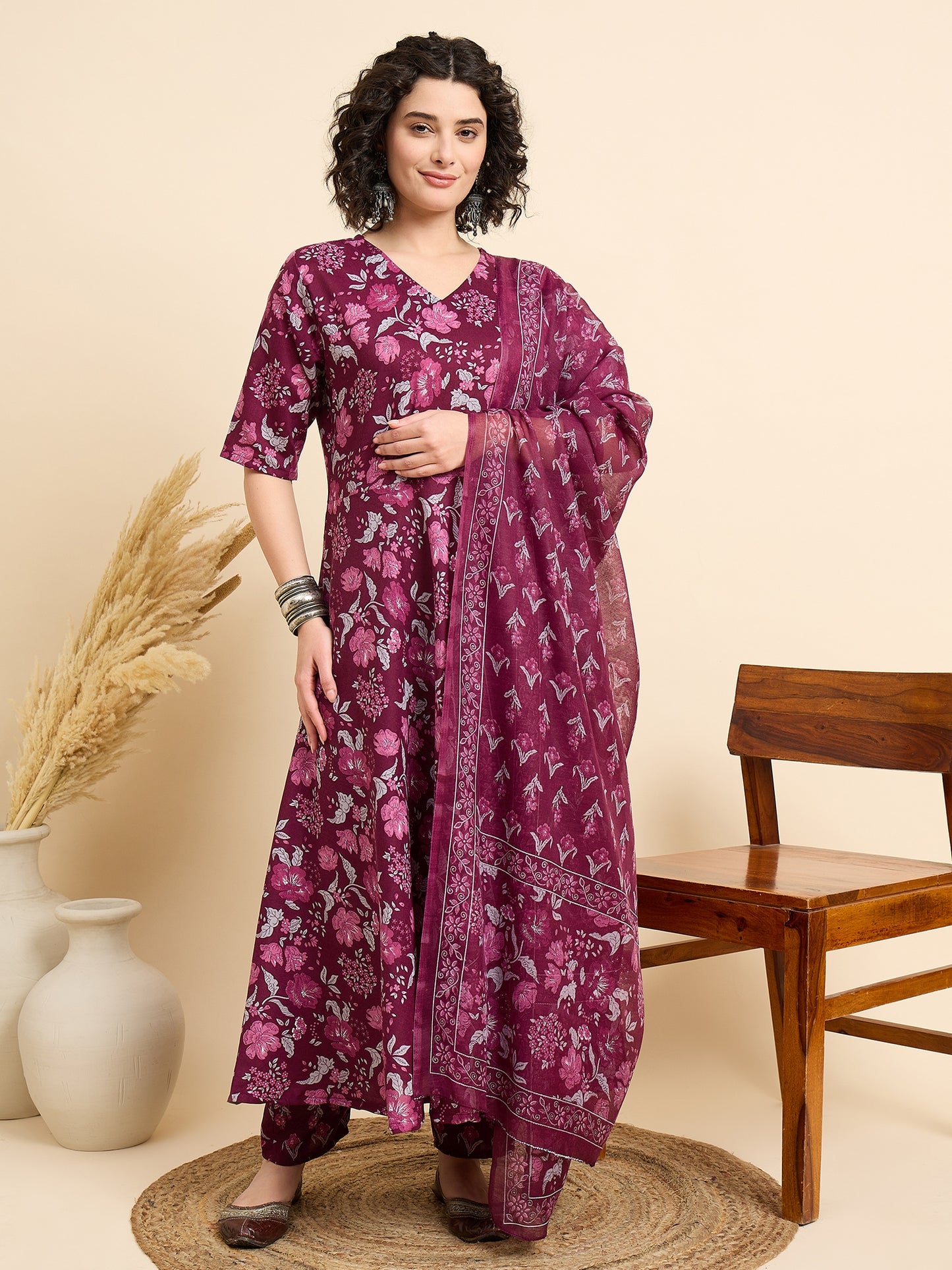 Ethnic Set Women Floral Printed Anarkali Kurta And Pant Set With Dupatta