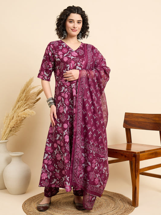 Ethnic Set Women Floral Printed Anarkali Kurta And Pant Set With Dupatta