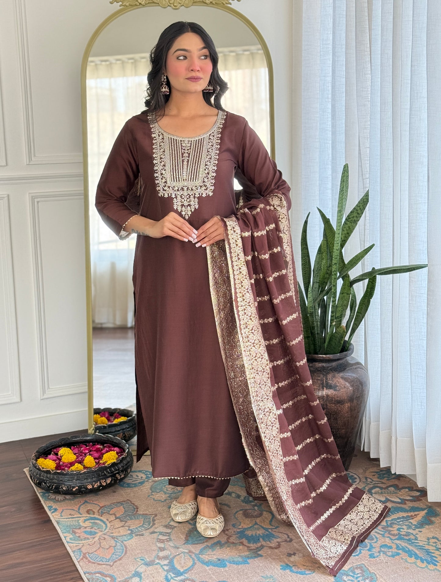 Elegant Solid Embroidered Kurta Set for Women – Festive Wear with Dupatta