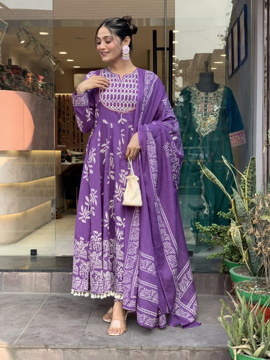 Ethnic Set Women Printed Anarkali Purple Kurta and Pant Set With Dupatta