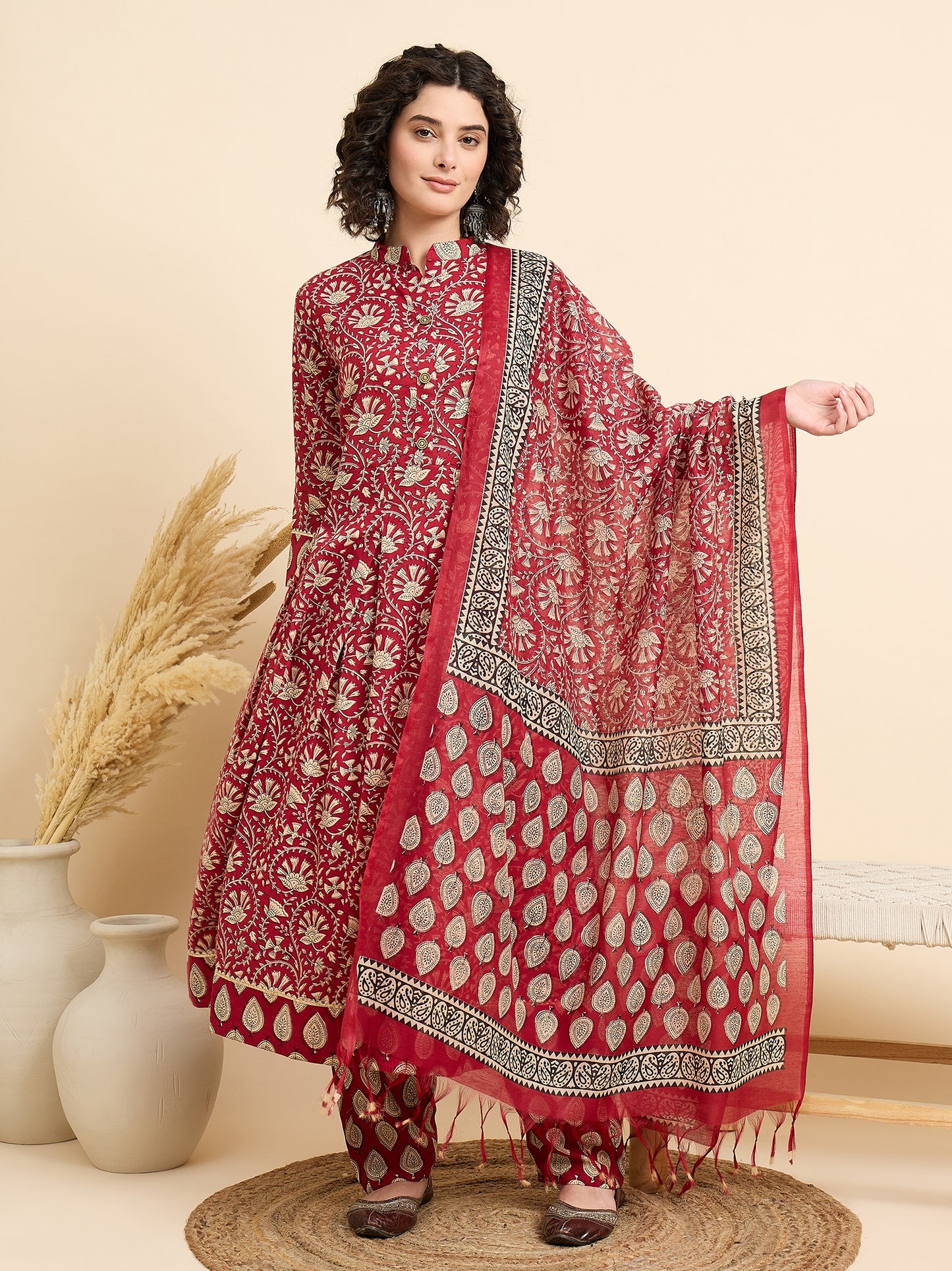Ethnic Set Women Printed Anarkali Red Kurta And Pant Set With Dupatta