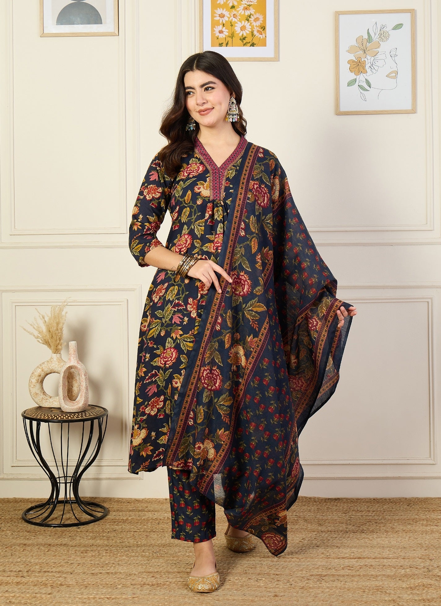 Ethnic Set Women Printed A-Line Floral Blue Kurta and Pant Set With Dupatta
