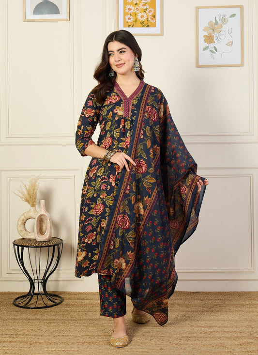 Ethnic Set Women Printed A-Line Floral Blue Kurta and Pant Set With Dupatta