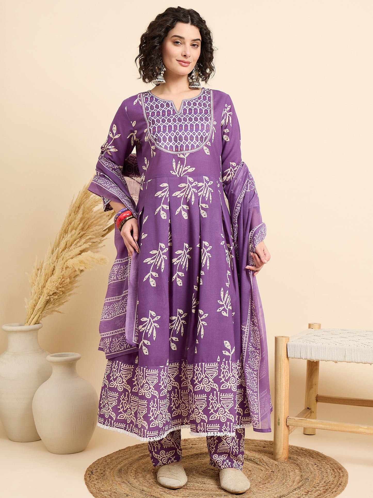 Ethnic Set Women Printed Anarkali Kurta And Pant Set With Dupatta