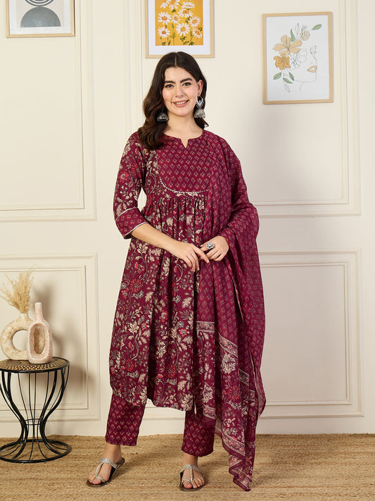 Ethnic Set Women Floral Printed Anarkali Maroon Kurta and Pant Set With Dupatta