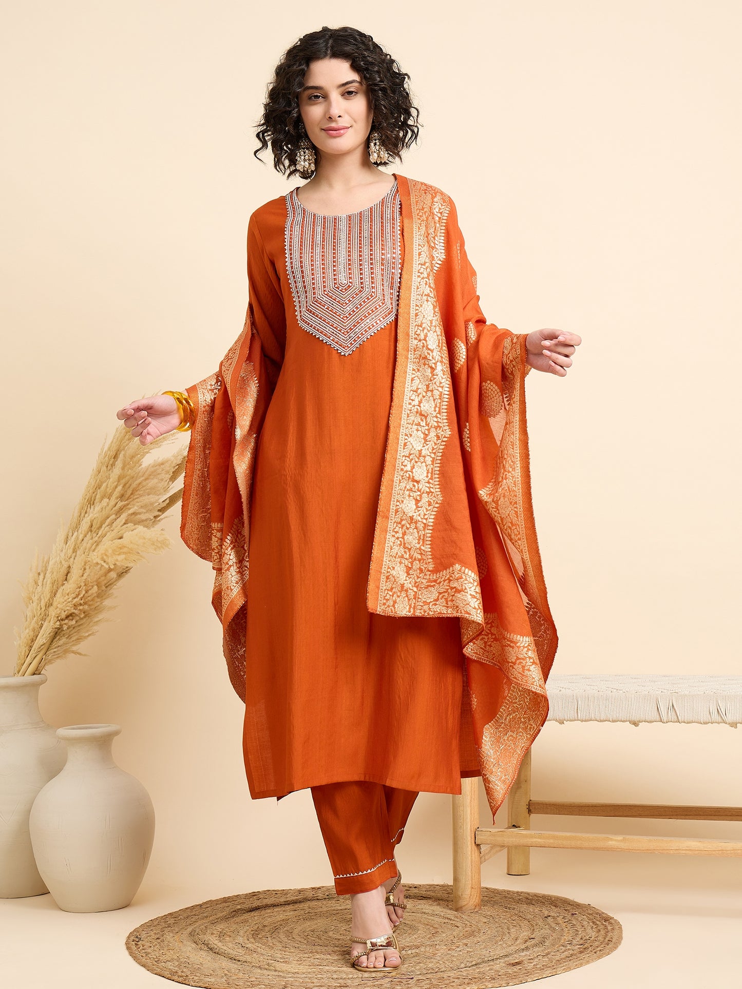 Ethnic Set Women Emboridered Straight Orange Kurta And Pant Set With Dupatta