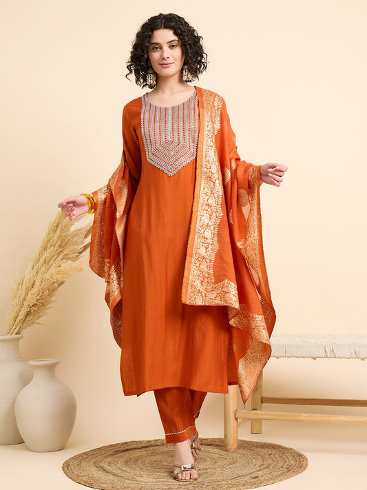 Ethnic Set Women Emboridered Straight Orange Kurta And Pant Set With Dupatta