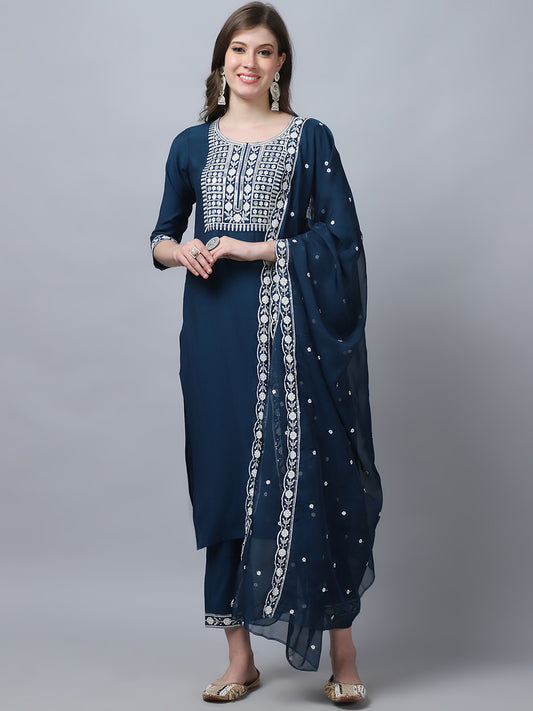 Ethnic Set Women Embroidery Straight Kurta and Pant set with Dupatta - Ethnic Set