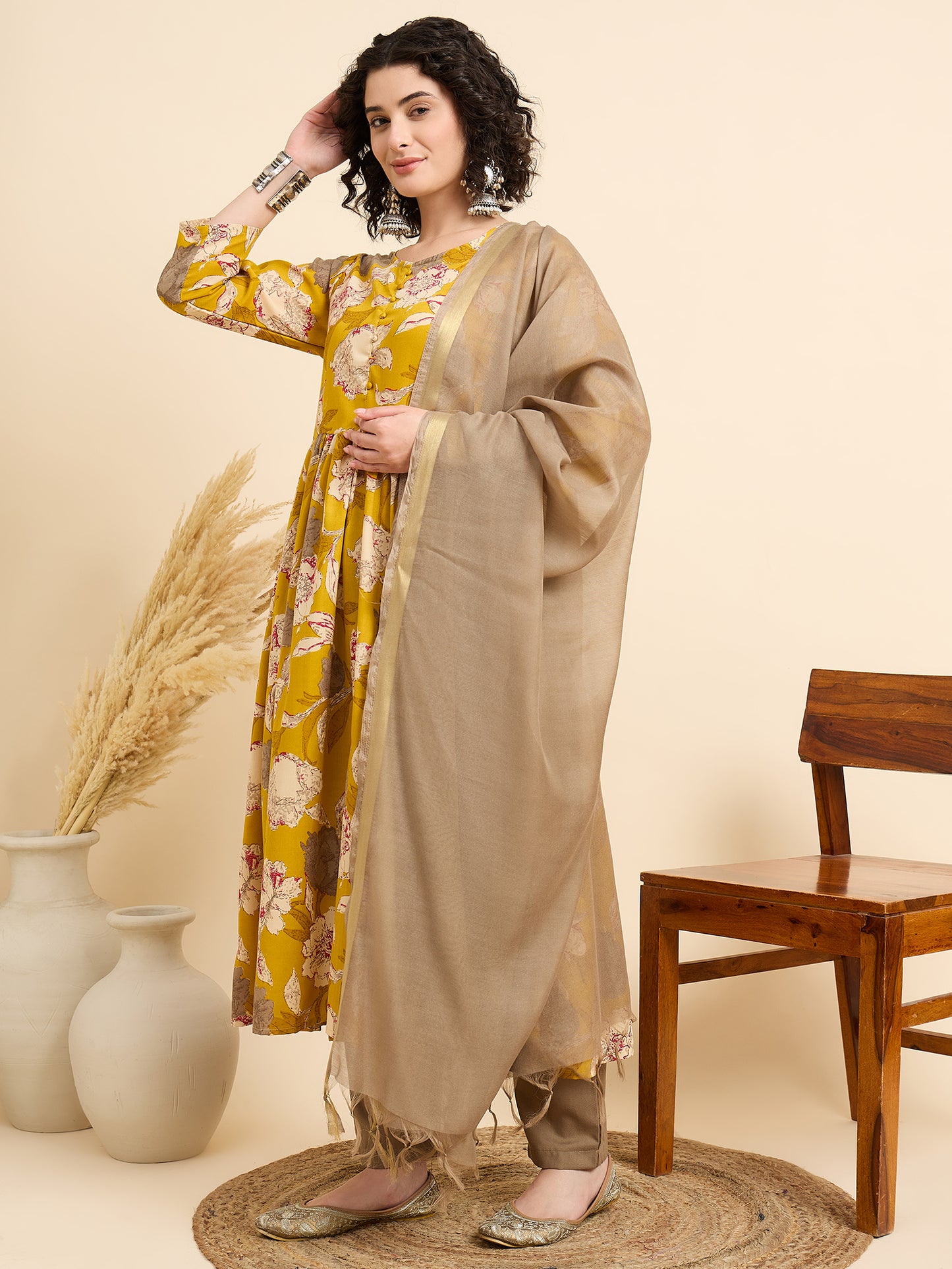 Ethnic Set Women Printed Anarkali Yellow Kurta And Pant Set With Dupatta