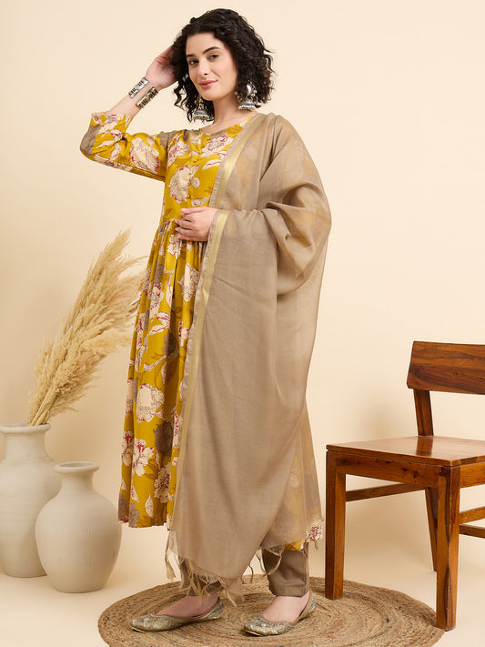 Ethnic Set Women Printed Anarkali Yellow Kurta And Pant Set With Dupatta