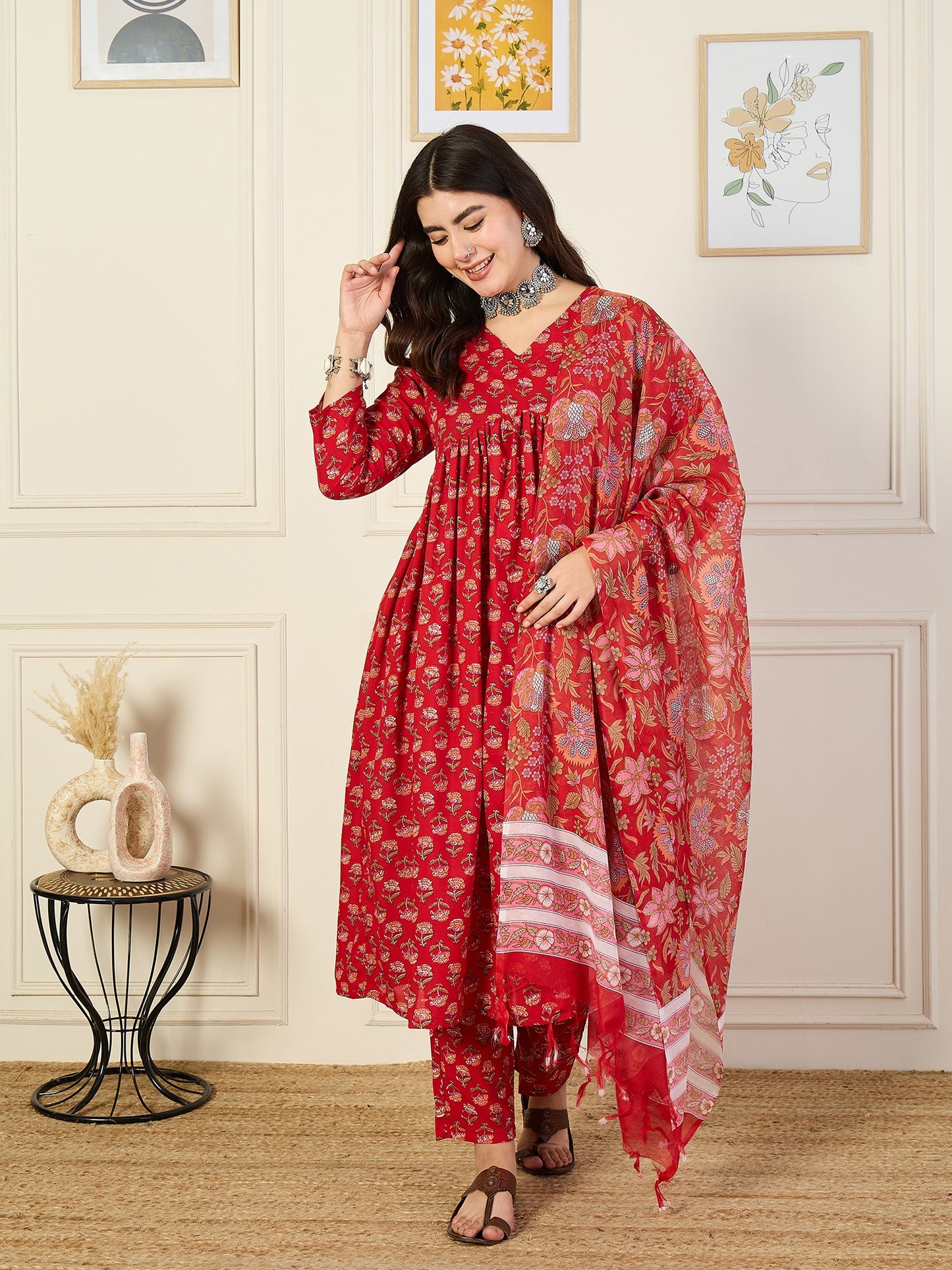 Ethnic Set Women Printed Anarkali Red Kurta and Pant Set With Dupatta