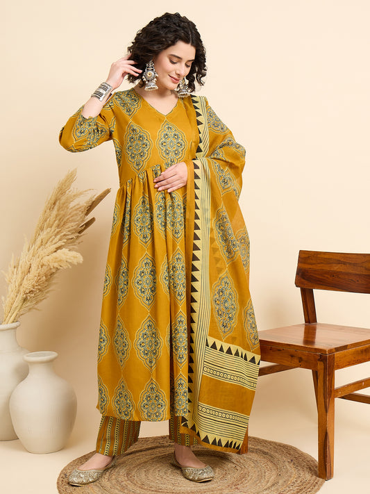 Ethnic Set Women Printed Anarkali Yellow Kurta And Pant Set With Dupatta