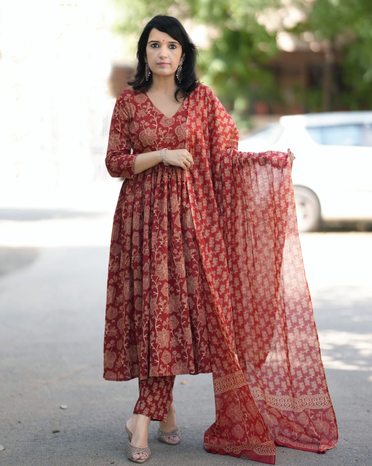 Ethnic Set Women Floral Anarkali Printed Red Kurta and Pant Set With Dupatta