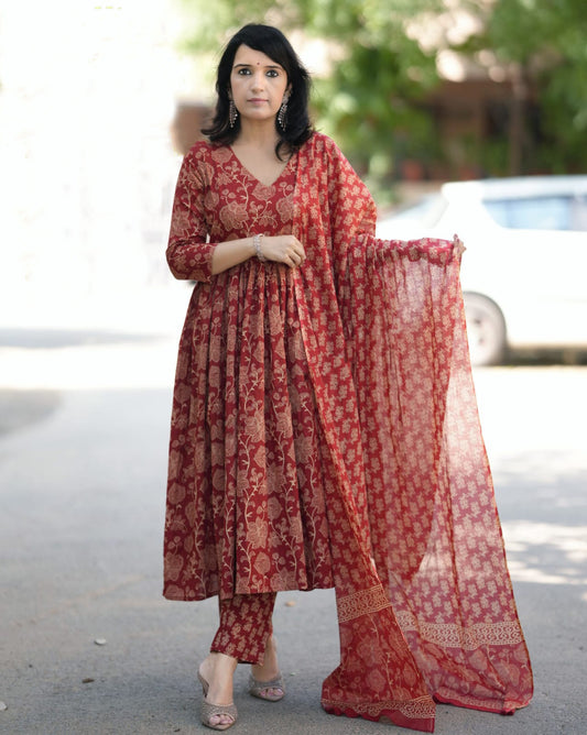 Ethnic Set Women Floral Anarkali Printed Red Kurta and Pant Set With Dupatta