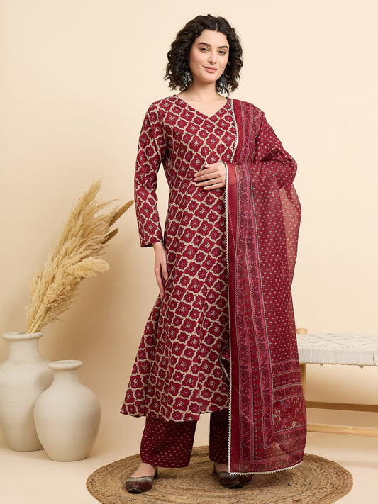 Ethnic Set Women Printed A-Line Kurta And Pant Set With Dupatta