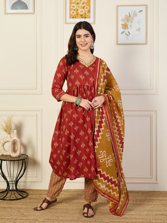Ethnic Set Women Printed Anarkali Kurta and Pant Set With Dupatta