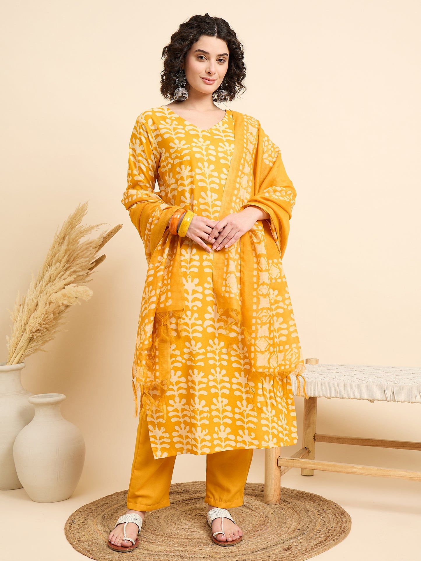 Ethnic Set Women Printed Straight Yellow Kurta And Pant Set With Dupatta