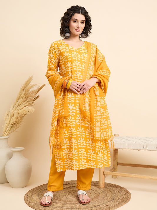 Ethnic Set Women Printed Straight Yellow Kurta And Pant Set With Dupatta