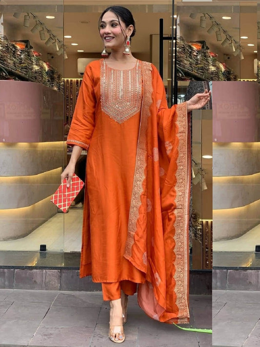 Ethnic Set Women Embroidered Straight Kurta And Pant Set With Dupatta