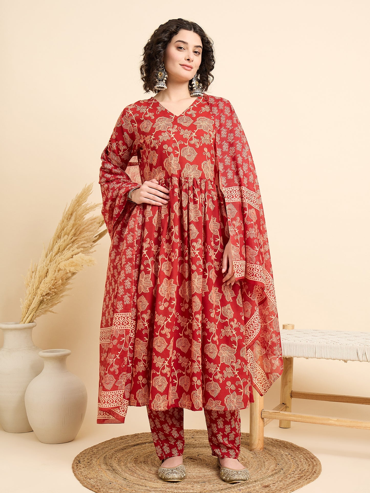 Ethnic Set Women Floral Printed Anarkali Red Kurta And Pant Set With Dupatta