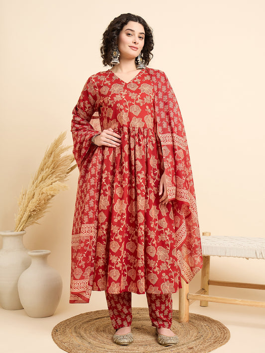Ethnic Set Women Floral Printed Anarkali Red Kurta And Pant Set With Dupatta