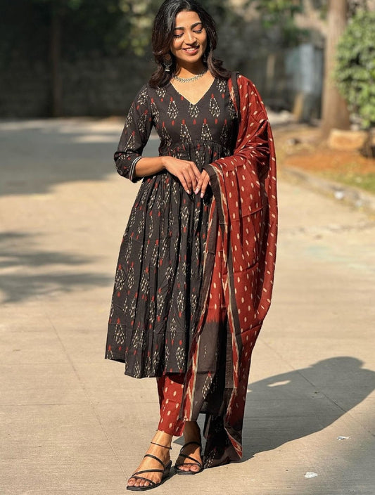 Ethnic Set Women Floral Anarkali Printed Black Kurta and Pant Set With Dupatta