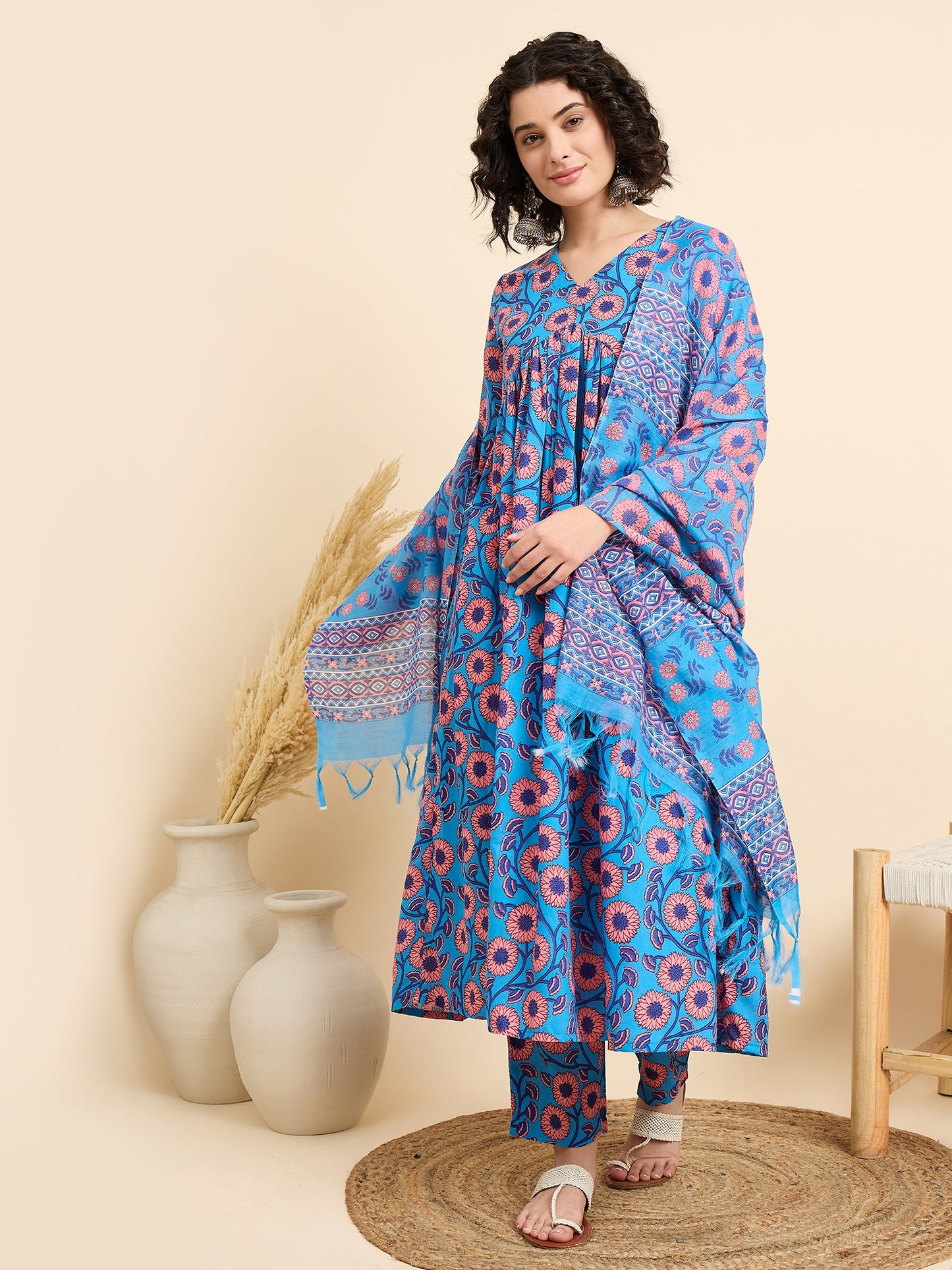 Ethnic Set Women Printed Anarkali Blue Kurta And Pant Set With Dupatta