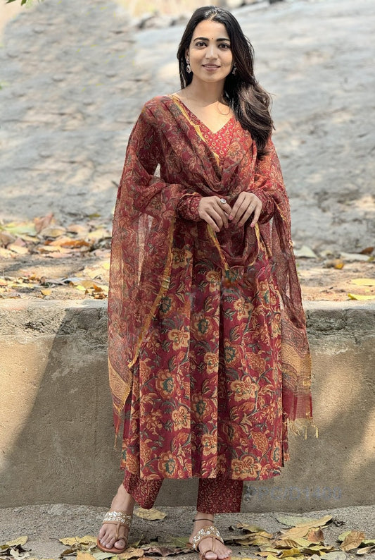 Ethnic Set Women Printed Anarkali Red Kurta and Pant Set With Dupatta