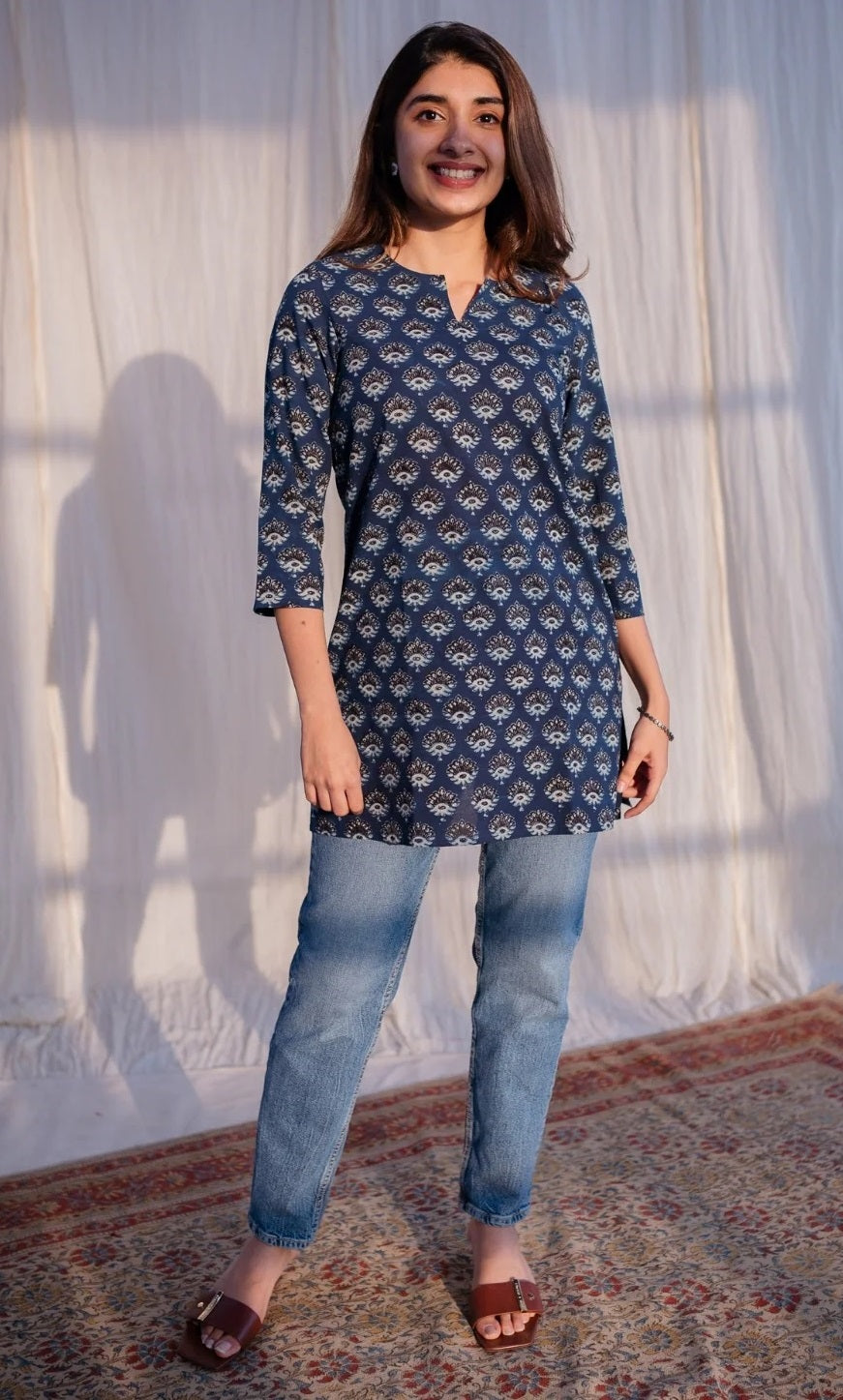 Ethnic Set Women Printed Straight Blue Short Kurta