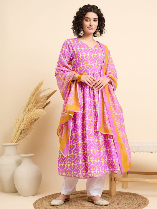 Ethnic Set Women Printed Anarkali Pink Kurta And Pant Set With Dupatta
