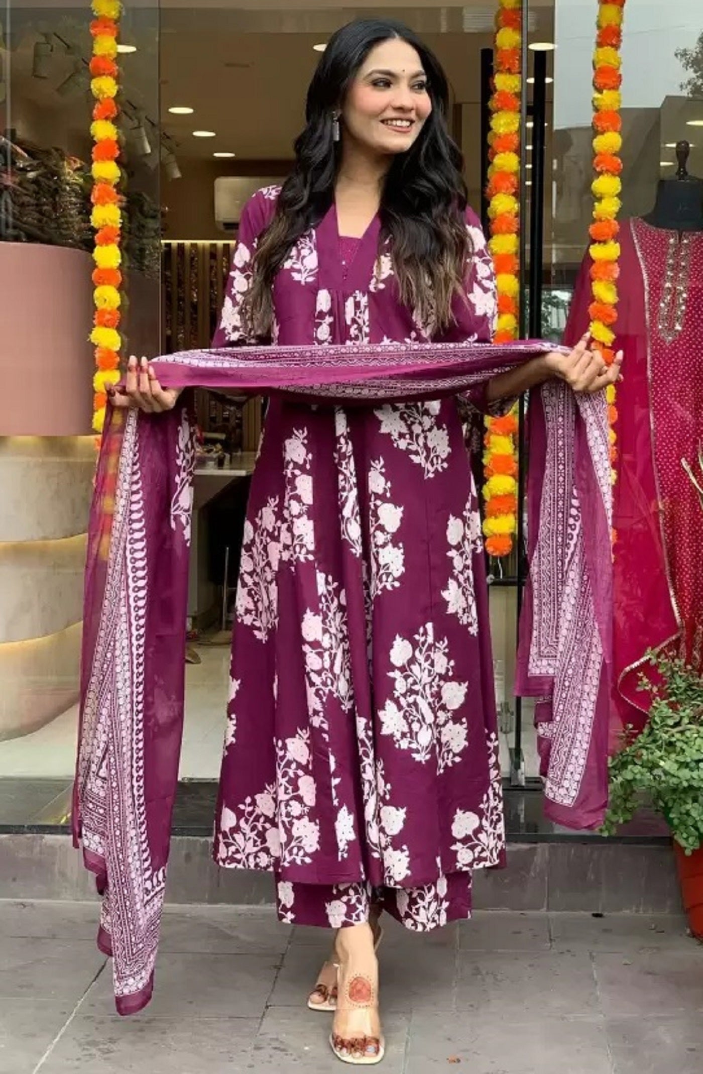 Ethnic Set Women Printed A-Line Purple Kurta and Pant Set With Dupatta