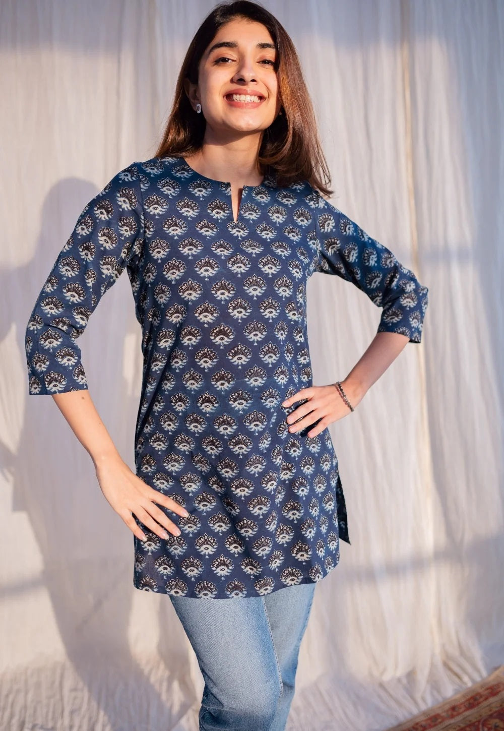 Ethnic Set Women Printed Straight Blue Short Kurta