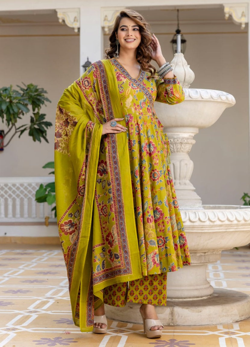 Ethnic Set Women Anarkali Yellow Kurta And Pant Set With Dupatta
