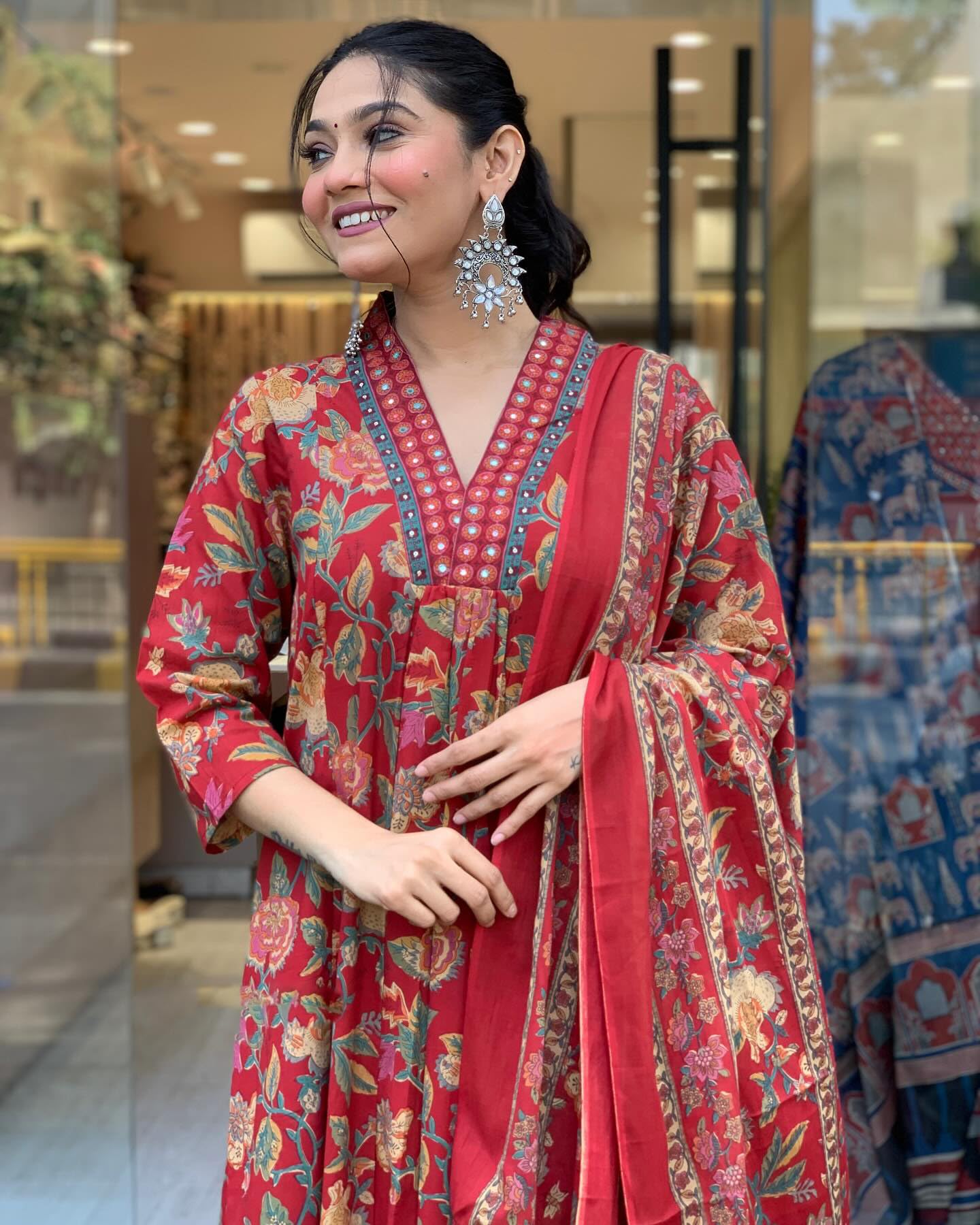 Ethnic Set Women Printed A-Line Red Kurta and Pant Set With Dupatta