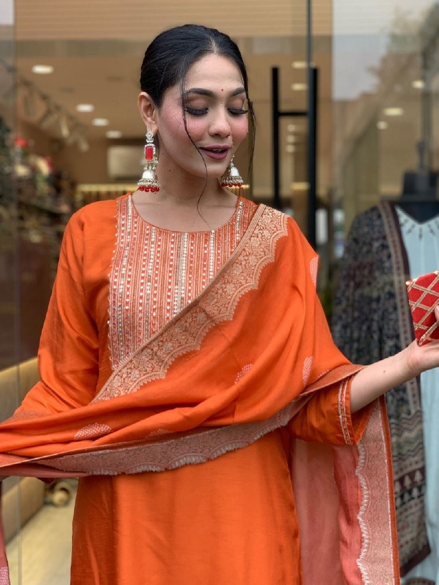 Ethnic Set Women Embroidered Straight Kurta And Pant Set With Dupatta
