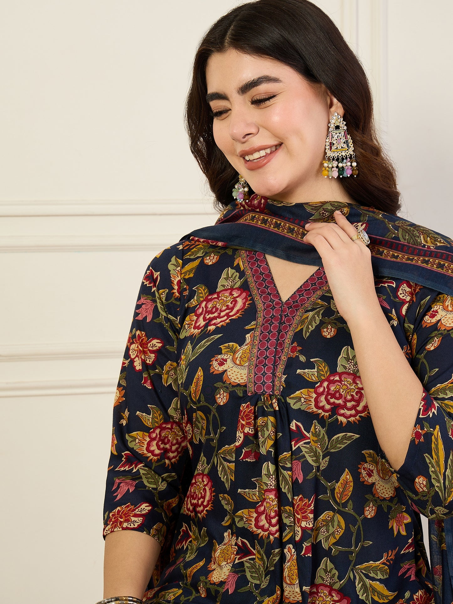 Ethnic Set Women Printed A-Line Floral Blue Kurta and Pant Set With Dupatta