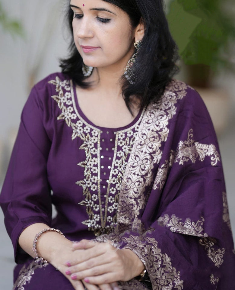 Ethnic Set Women Embroidered Wine Kurta and Pant Set With Dupatta